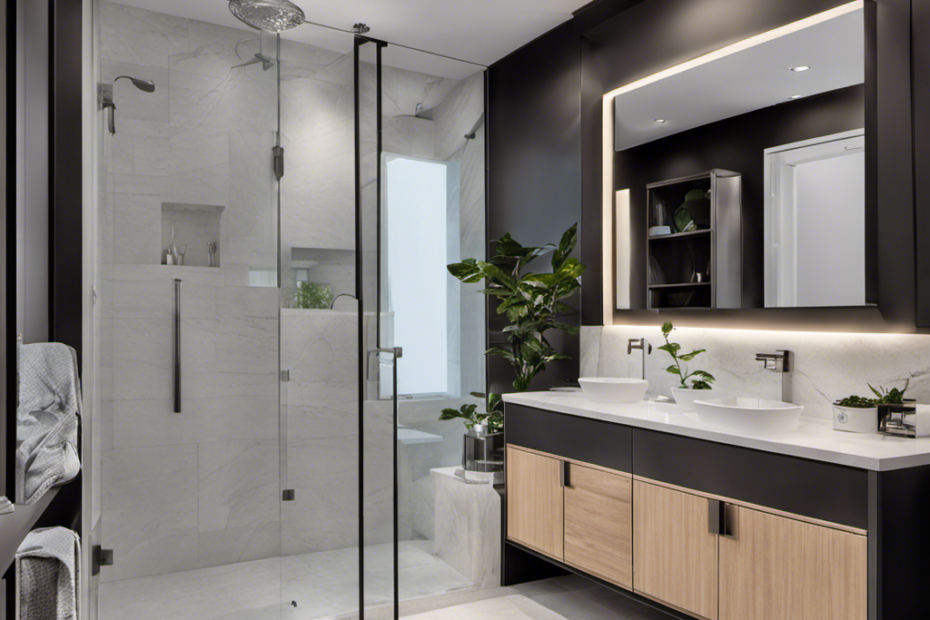 An image showcasing a modern bathroom with a sleek tub shower combo