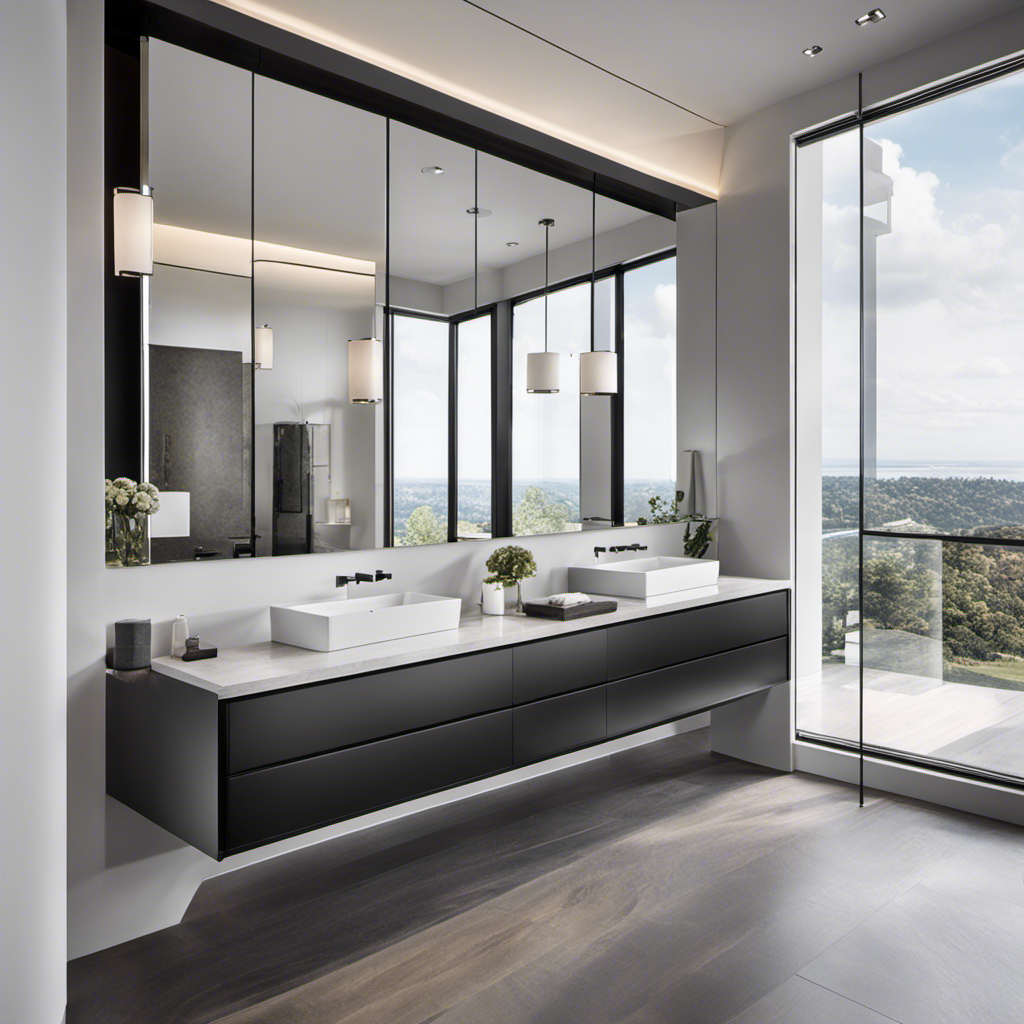 An image showcasing a sleek, monochromatic bathroom with clean lines, a freestanding tub, floating vanity, floor-to-ceiling windows, and a large mirror reflecting the expansive space, enhancing the modern and minimalist design