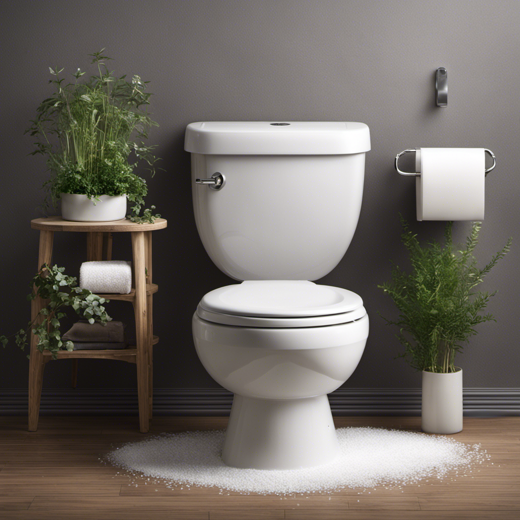 An image showcasing a serene bathroom scene with a clogged toilet being effortlessly unclogged using natural salt solutions