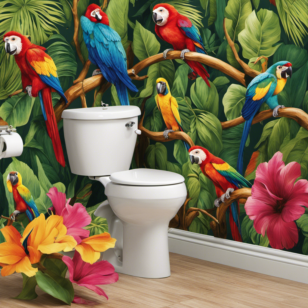 An image that showcases a bathroom with a vibrant, tropical-themed wallpaper, featuring a whimsical monkey-shaped toilet paper holder swinging from a vine, while a flock of colorful parrots perches nearby