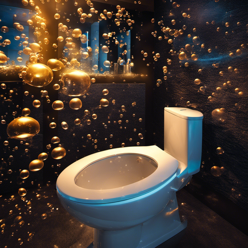 An image capturing the moment when a lone toilet in a dimly lit bathroom emits a cascade of vibrant, frothy bubbles upon being flushed; the shimmering bubbles reflecting the flickering light from above