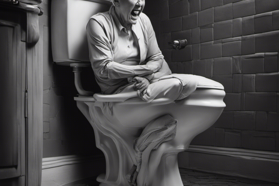 An image capturing the discomfort of sitting on a toilet, depicting a person's face wincing in pain as they clutch the back of their thigh, highlighting the specific area affected
