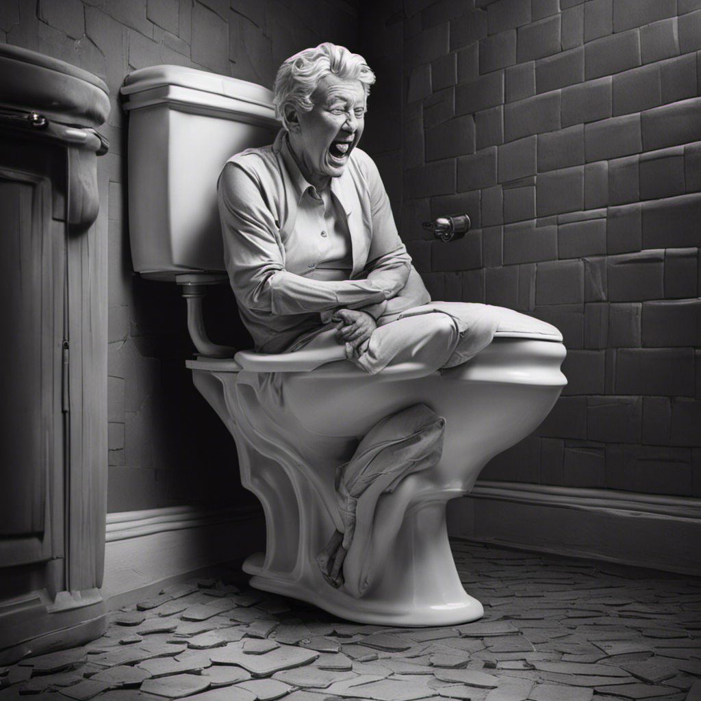 An image capturing the discomfort of sitting on a toilet, depicting a person's face wincing in pain as they clutch the back of their thigh, highlighting the specific area affected