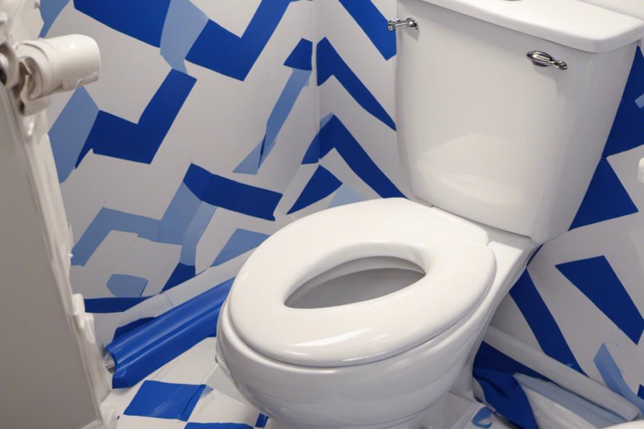 An image that showcases the transformation process of painting a toilet with vibrant colors: a clean, white toilet with a painter's tape meticulously applied, a brush dipped in bold blue paint, and a perfectly painted toilet with a fresh, inviting look