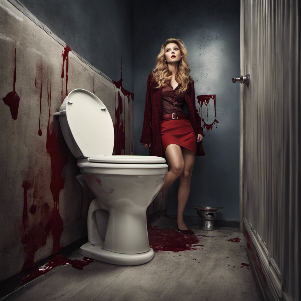 An image capturing a restroom scene: a flushed toilet, a surprised expression on a woman's face, and a faint trail of blood leading from the toilet bowl