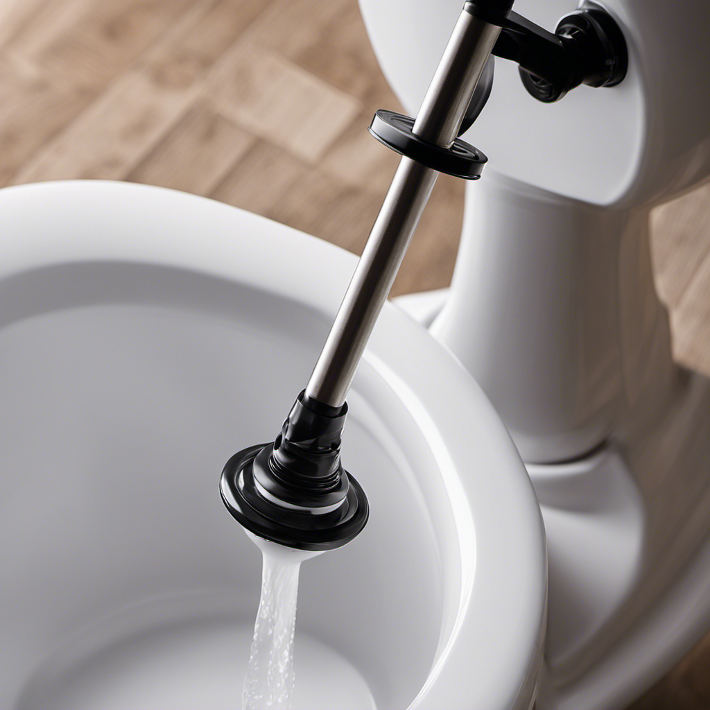 An image showcasing a close-up view of a plunger's rubber suction cup pressed against the bottom of a clogged toilet bowl, with water spilling out, demonstrating the effective process of unclogging