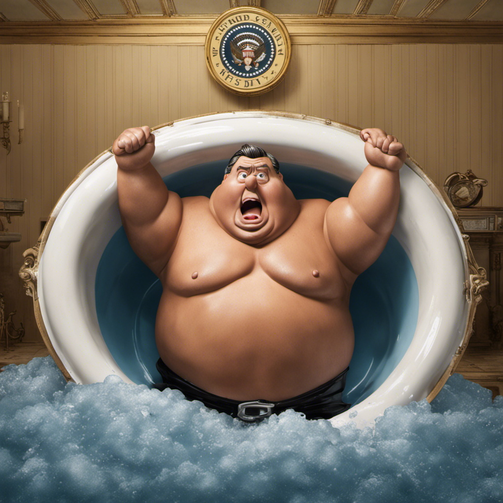 An image that captures the humorous moment of a rotund president, stuck in a vintage bathtub