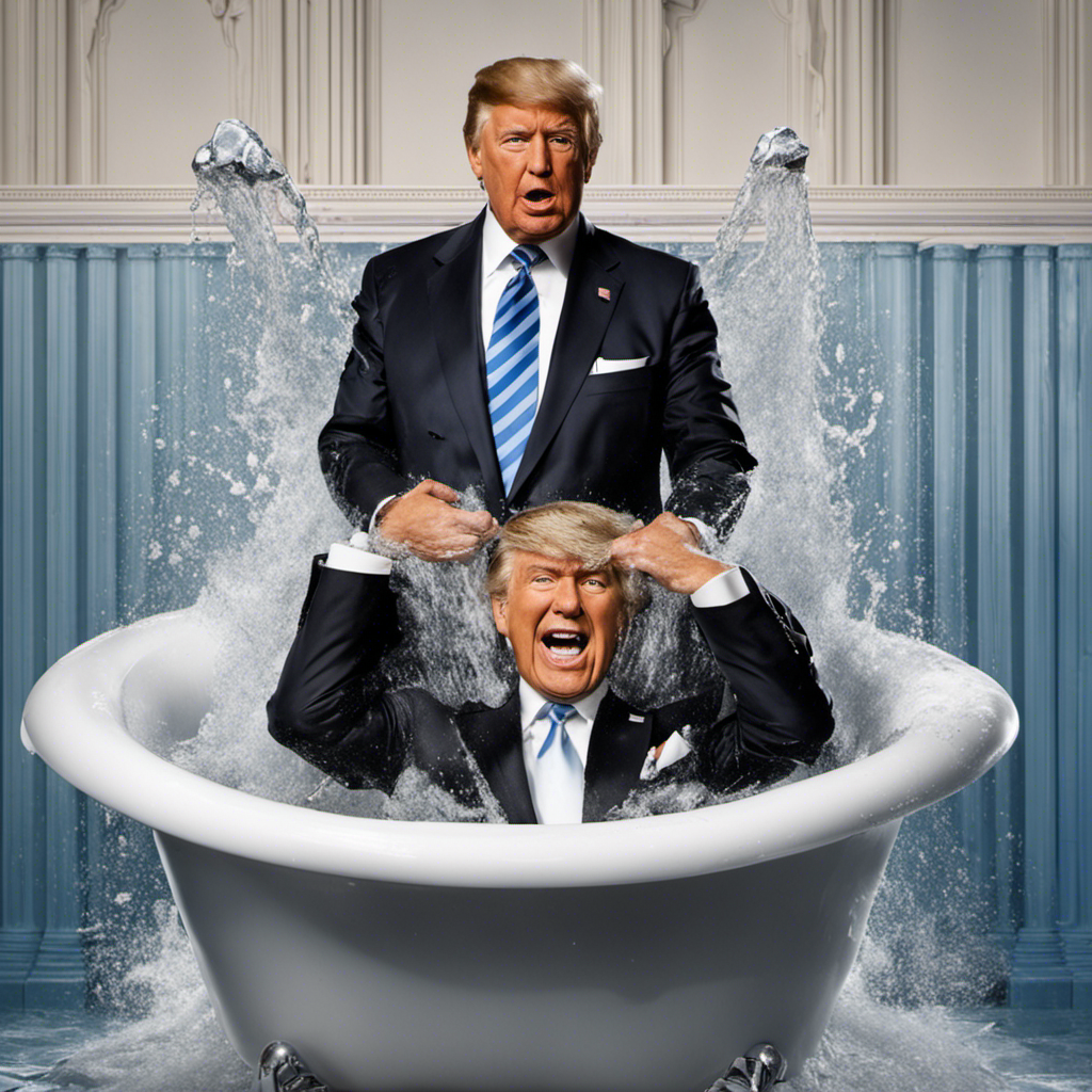 An image capturing the hilarious moment when a President, dressed formally in a suit, struggles to free himself from a bathtub, water spilling over the sides, while concerned aides attempt to assist