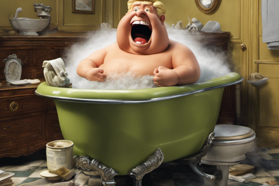 An image that captures the humorous and embarrassing incident of a portly President getting wedged in a vintage bathtub, showcasing his struggle, the cramped bathroom space, and his frantic aides attempting to assist him
