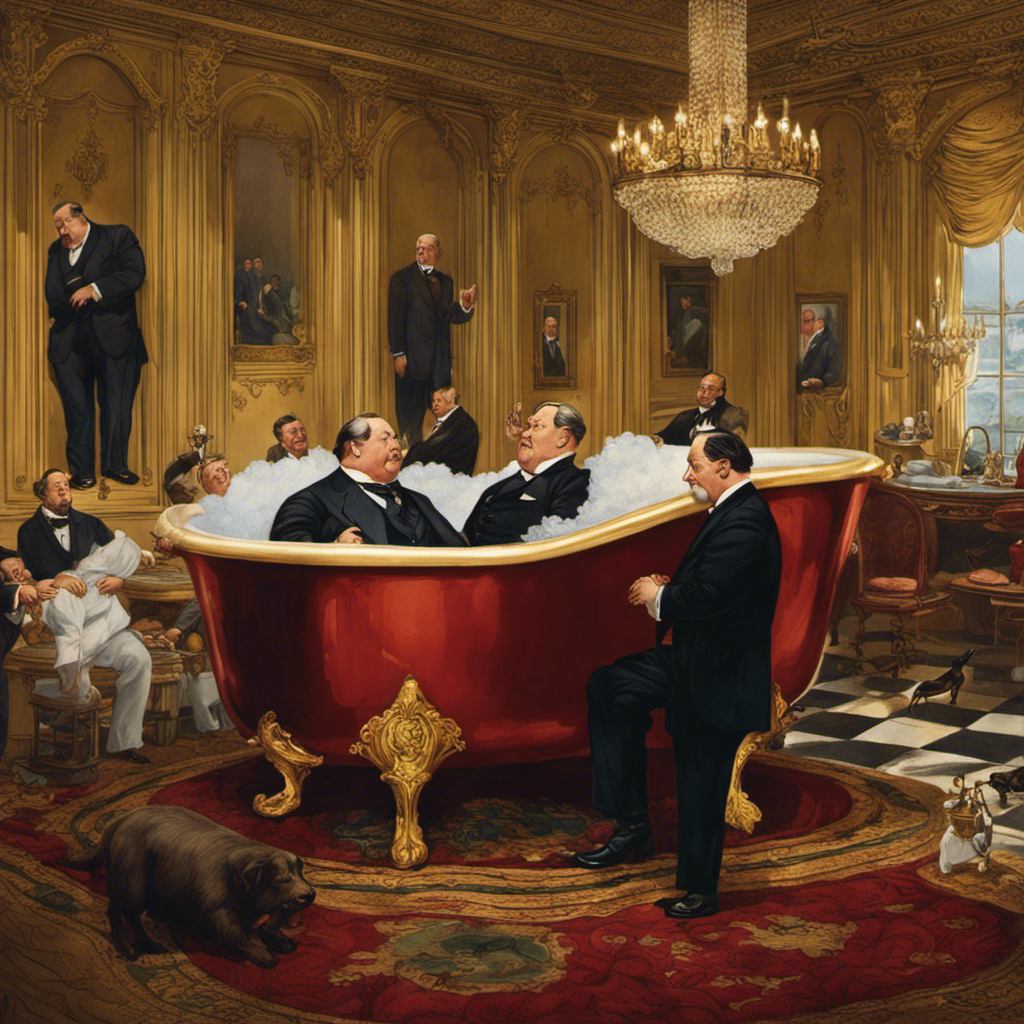 An image capturing the comical moment of President Taft getting stuck in a bathtub: a rotund figure squeezed within a vintage, clawfoot tub, surrounded by aides struggling to free him, all amidst an ornate bathroom adorned with gilded mirrors and elaborate chandeliers
