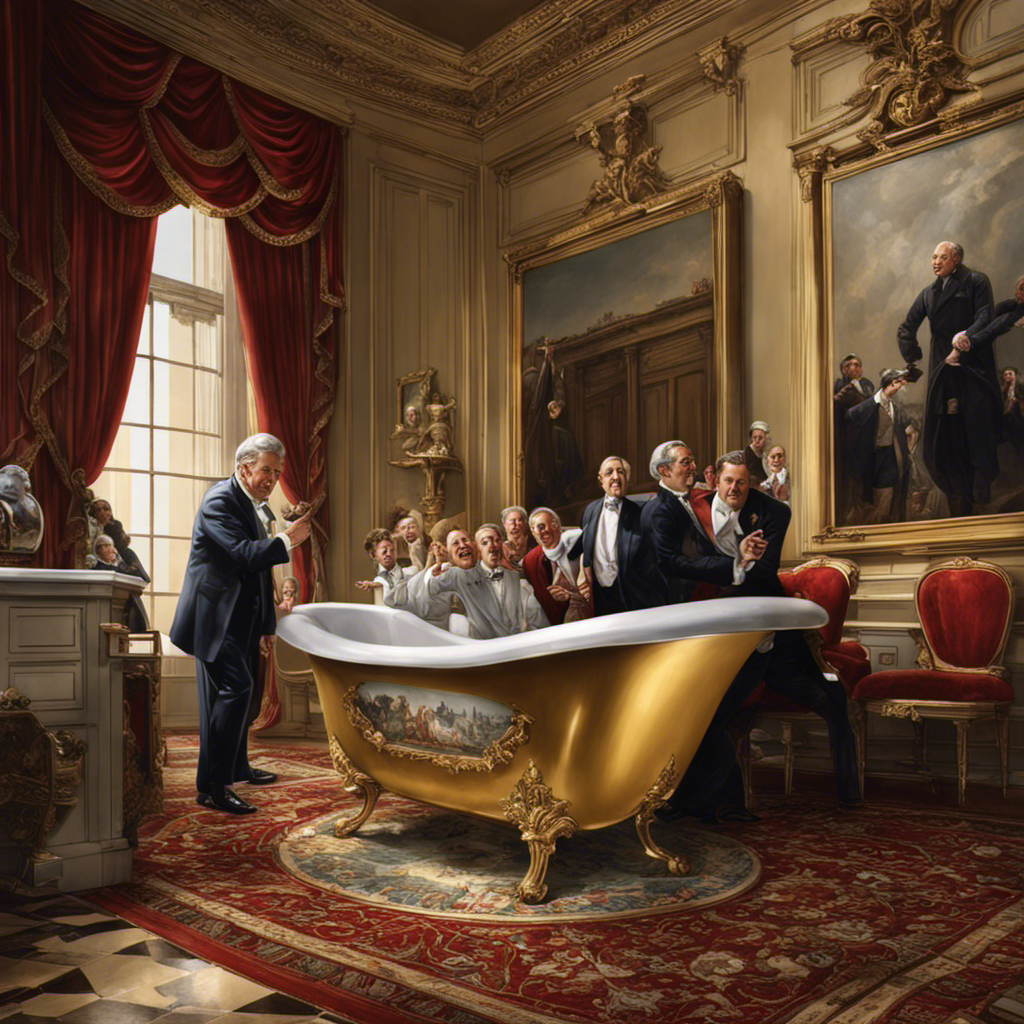 A striking image depicting a historic bathroom, adorned with a luxurious porcelain bathtub, where a frustrated President is comically trapped, limbs flailing, while a concerned crowd of aides and onlookers scramble to assist him