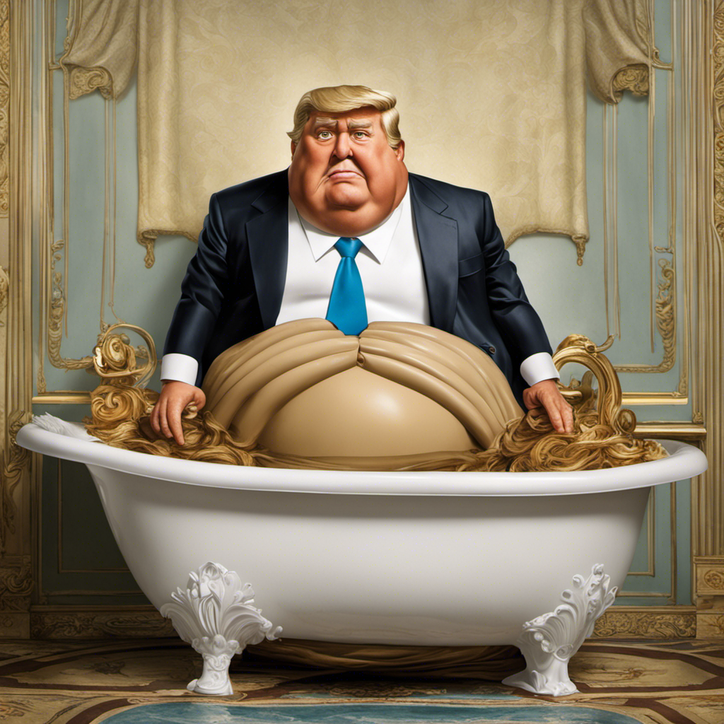 An image capturing the comical mishap of a rotund president struggling to free himself from a stubborn, narrow bathtub