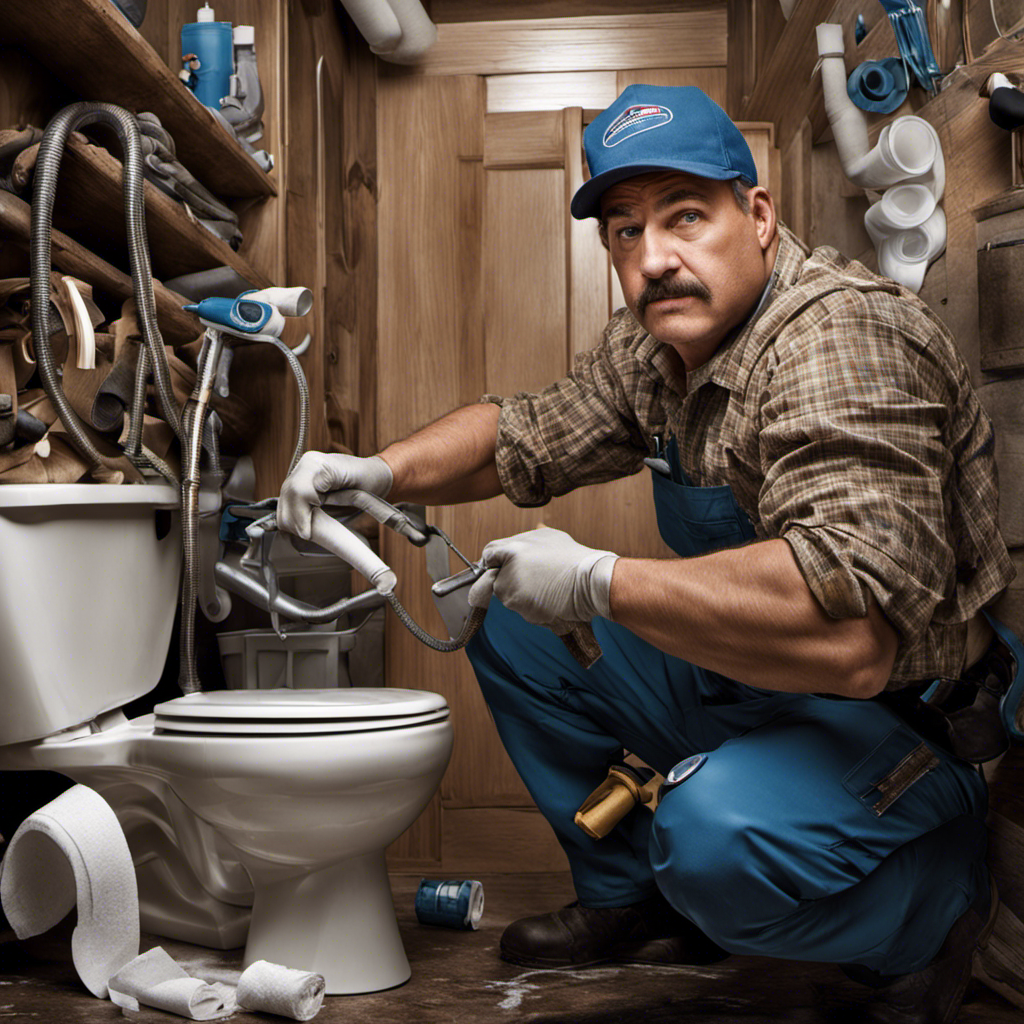 An image showcasing a plumber using specialized tools to unclog a sewer line filled with tangled toilet paper