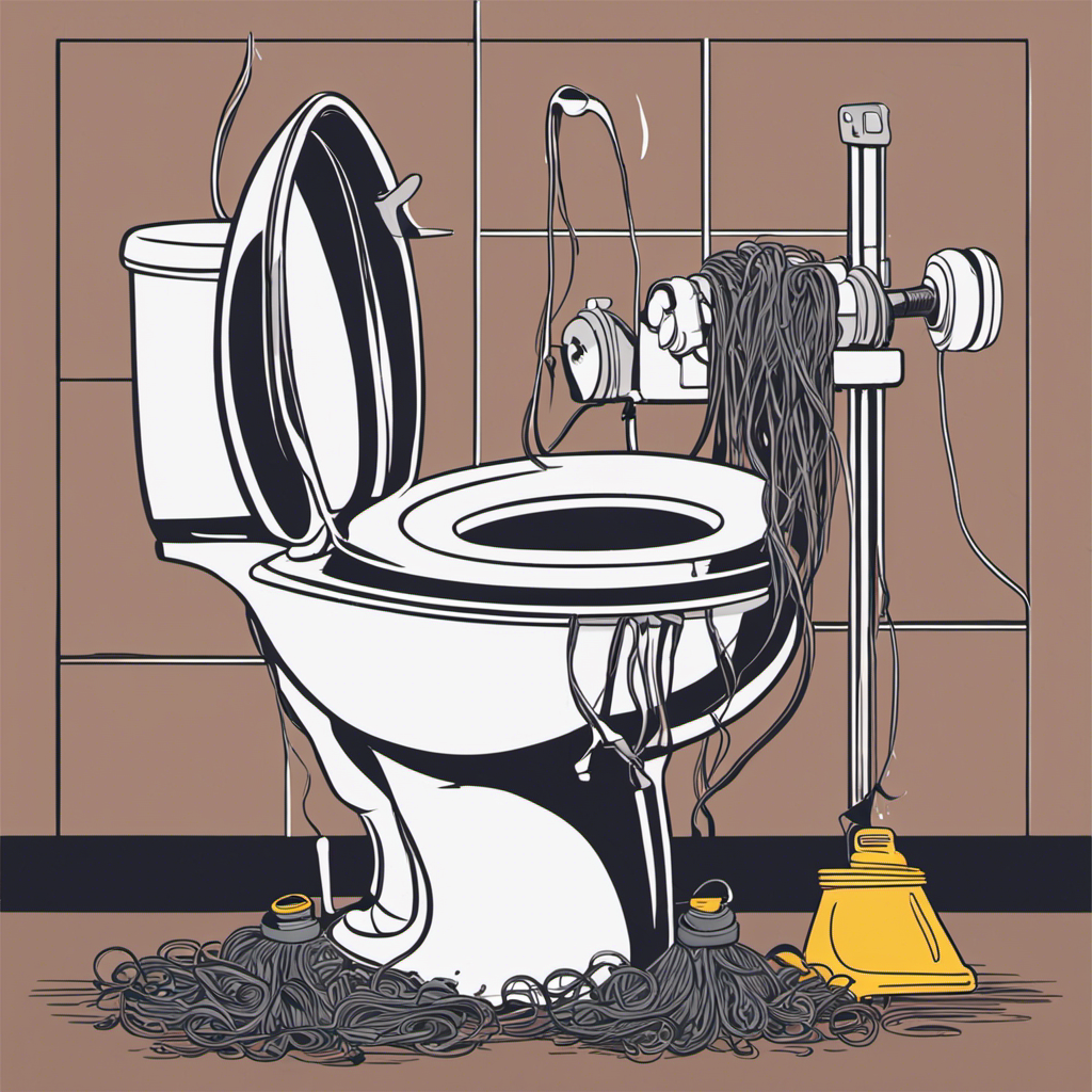 An image depicting a clogged toilet with tangled hair emerging from the bowl, surrounded by a plunger and a pair of gloves