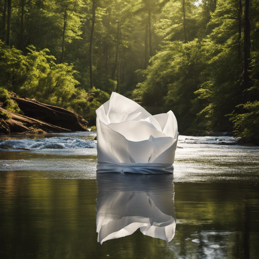An image of a hand holding a crumpled paper towel, gently placing it into a clearly labeled recycling bin, surrounded by clean flowing water and a pristine natural environment