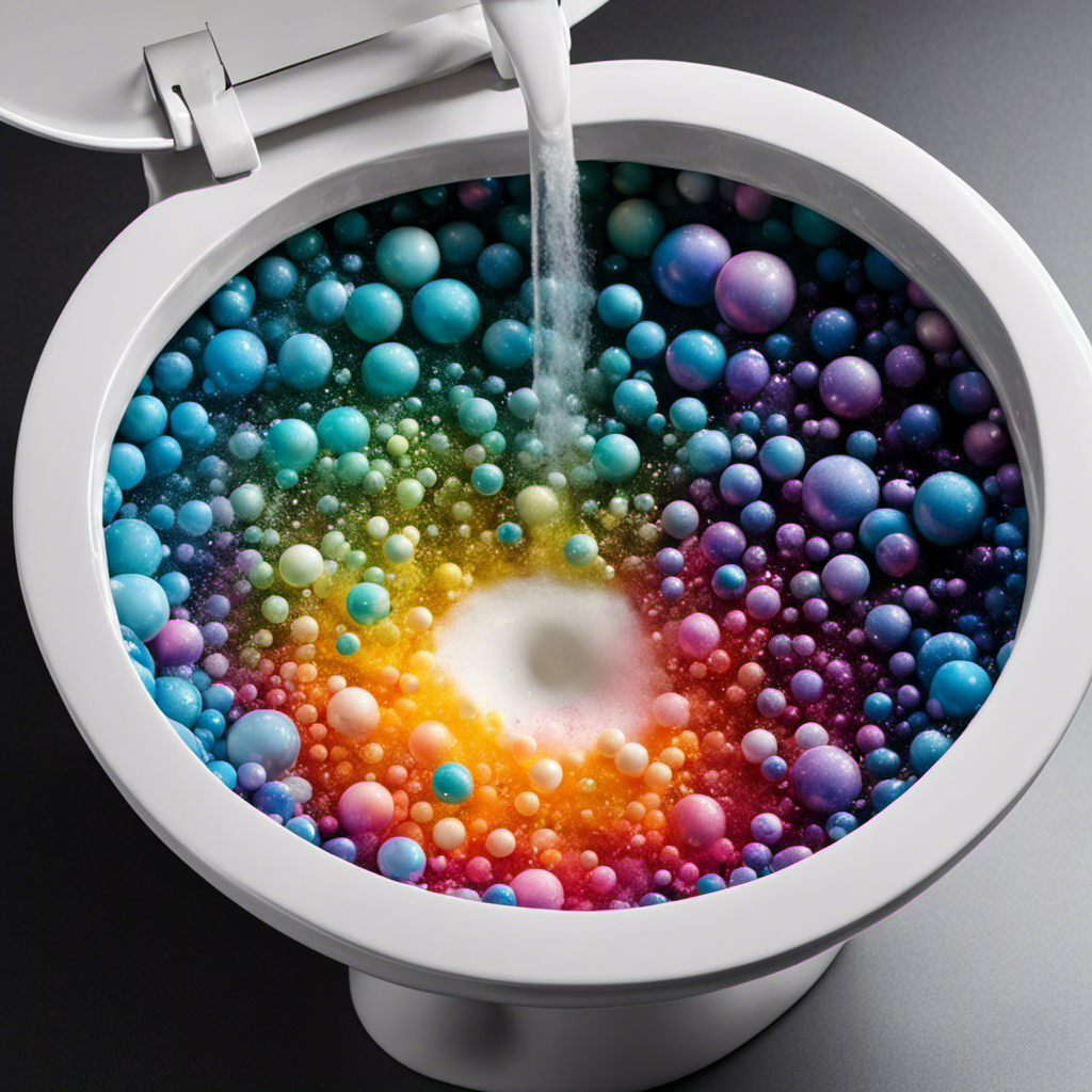 An image capturing a sparkling porcelain toilet bowl filled with foamy, iridescent bubbles, as a stream of dish soap cascades from above
