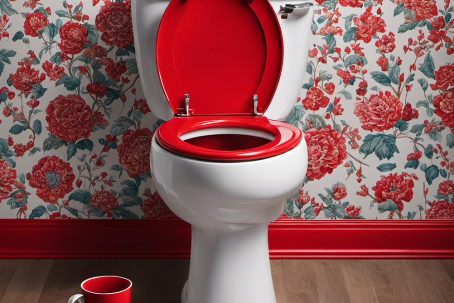 An image that depicts a vibrant red cup playfully placed under a pristine white toilet seat, evoking curiosity