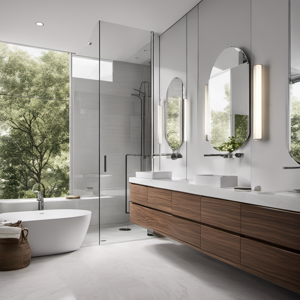 An image that showcases a modern bathroom with sleek white tiles, a contemporary chrome faucet, and a large, elegant frameless mirror, reflecting natural light and creating a sense of spaciousness