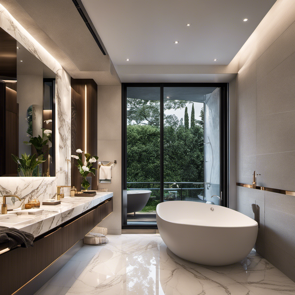 An image showcasing a modern bathroom with sleek white tiles, a stunning vanity topped with luxurious marble, and a large round mirror surrounded by elegant LED backlighting, exuding an ambiance of sophisticated tranquility