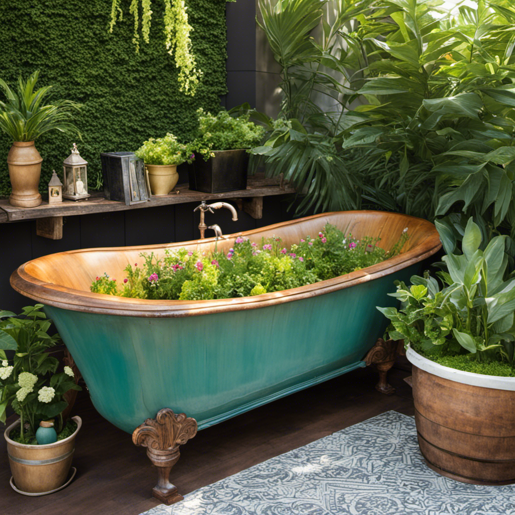 An image showcasing a reclaimed wooden vanity transformed into a charming garden planter, surrounded by lush greenery