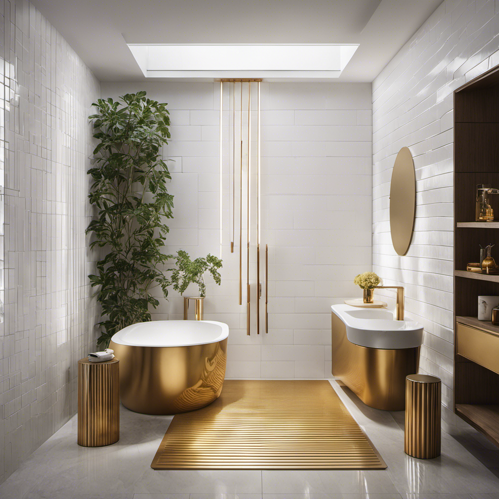 An image showcasing a modern bathroom with sleek white tiles, bathed in warm natural light