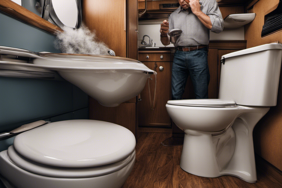 An image of a person standing beside an RV toilet, cringing with a wrinkled nose and covering their mouth, while a cloud of foul odor billows out from the flushed toilet bowl