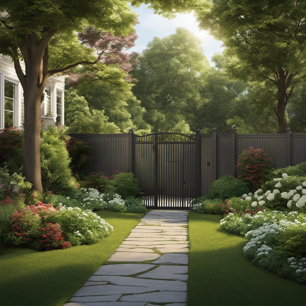 An image featuring a serene suburban backyard with a designated area for dog waste disposal