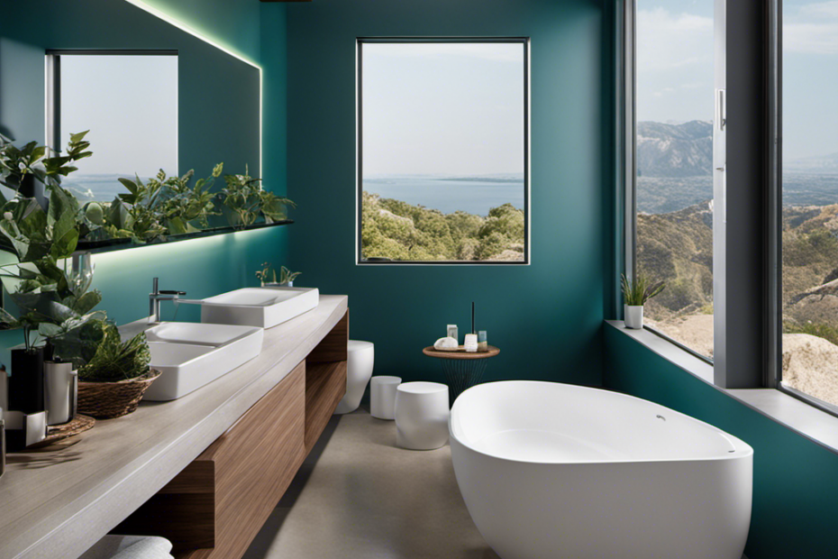 An image showcasing a modern bathroom with a sleek, dual-flush toilet