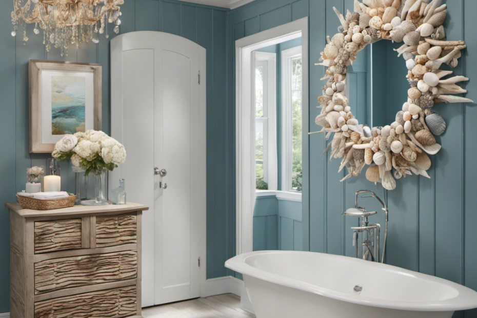 An image showcasing a serene bathroom scene with a seashell toilet seat surrounded by coastal-inspired decor, including a shimmering seashell chandelier, driftwood accents, and a soothing blue color palette