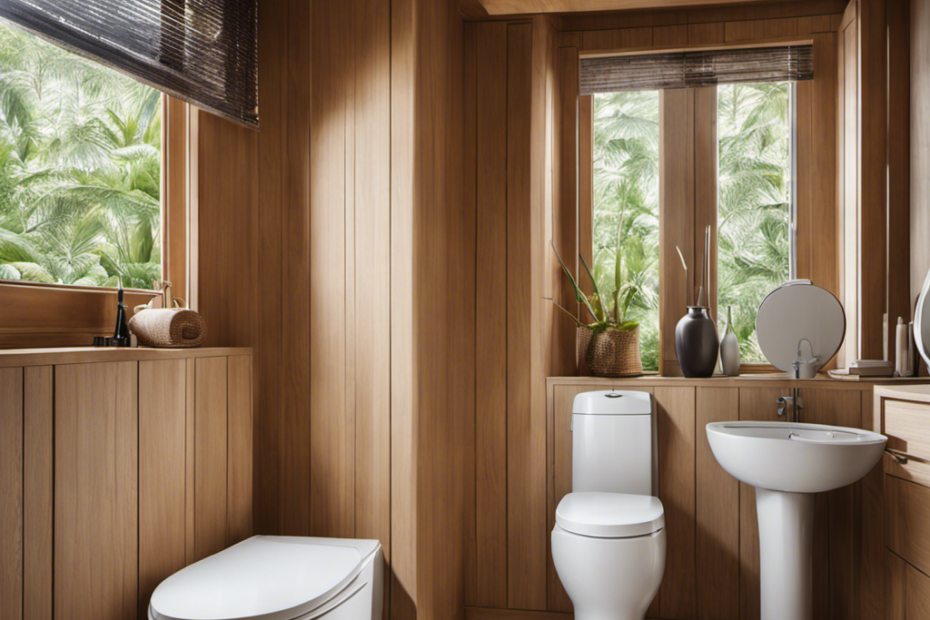 An image showing a serene bathroom with a closed toilet lid