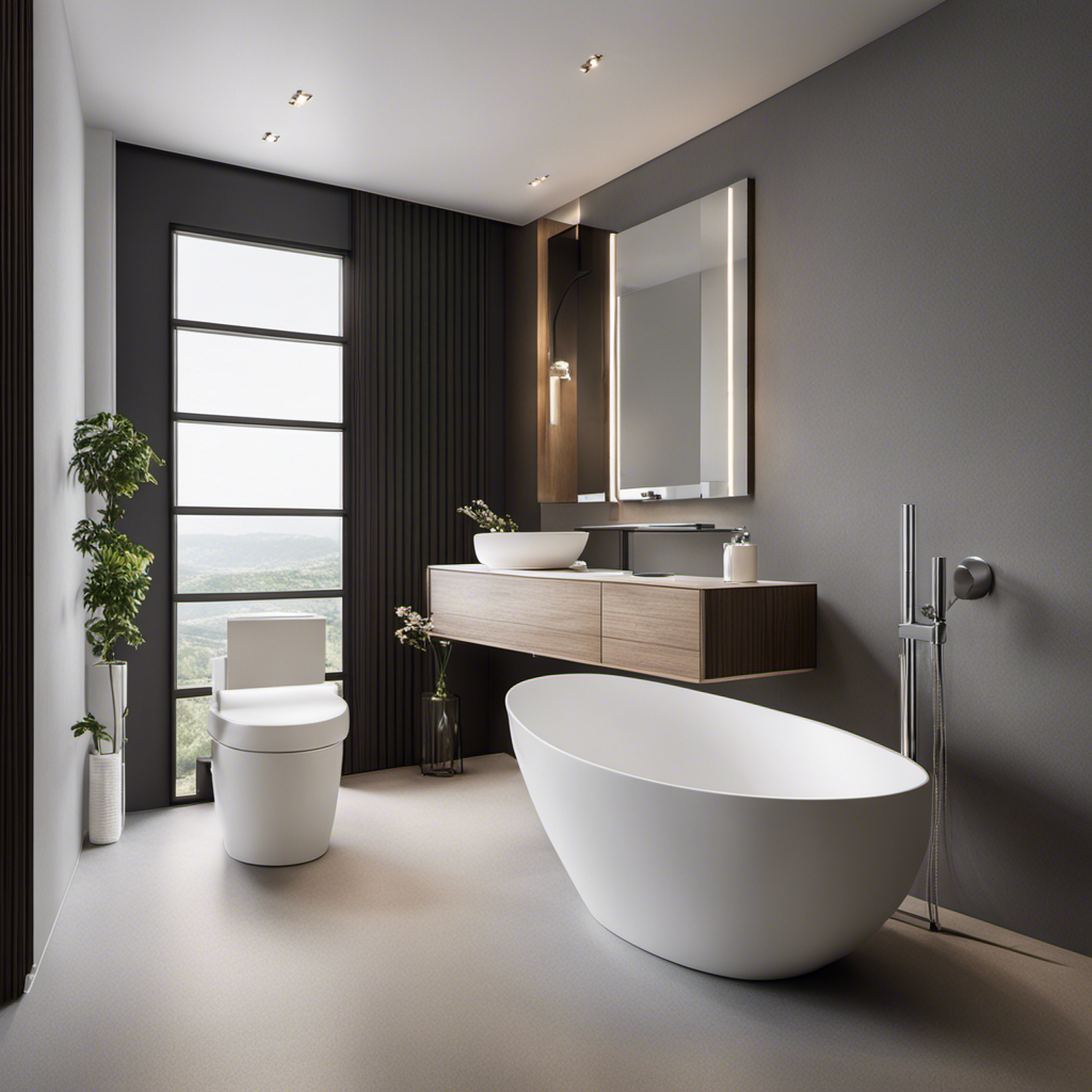 An image showcasing a serene bathroom scene with a modern, sleek toilet as the focal point
