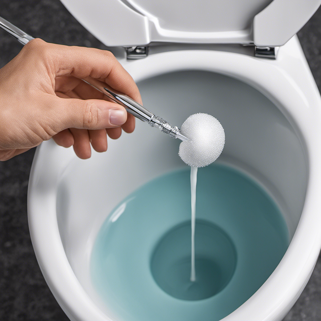 An image capturing a hand reaching into a toilet bowl, delicately retrieving a flushed Clorox Toilet Wand head