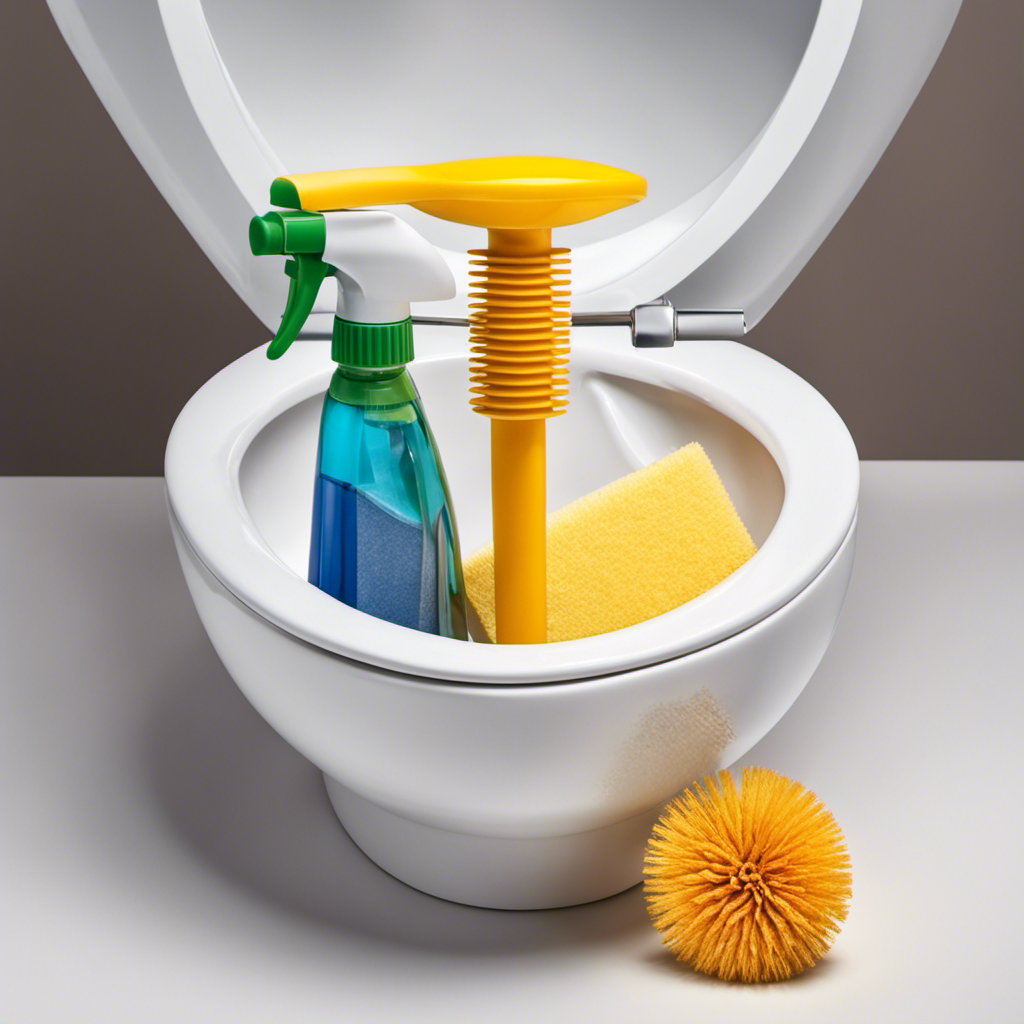 An image showcasing a hand holding a plunger, surrounded by various cleaning supplies, with a faint odor trail leading to a sparkling clean toilet bowl, illustrating the effective DIY solutions to eliminate toilet smells