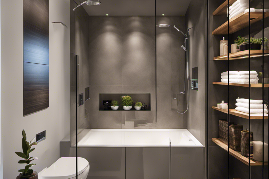 An image showcasing a sleek, modern bathroom with a space-saving shower over a luxurious bathtub