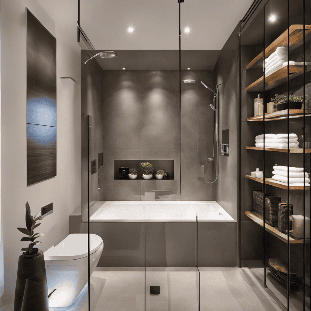 An image showcasing a sleek, modern bathroom with a space-saving shower over a luxurious bathtub