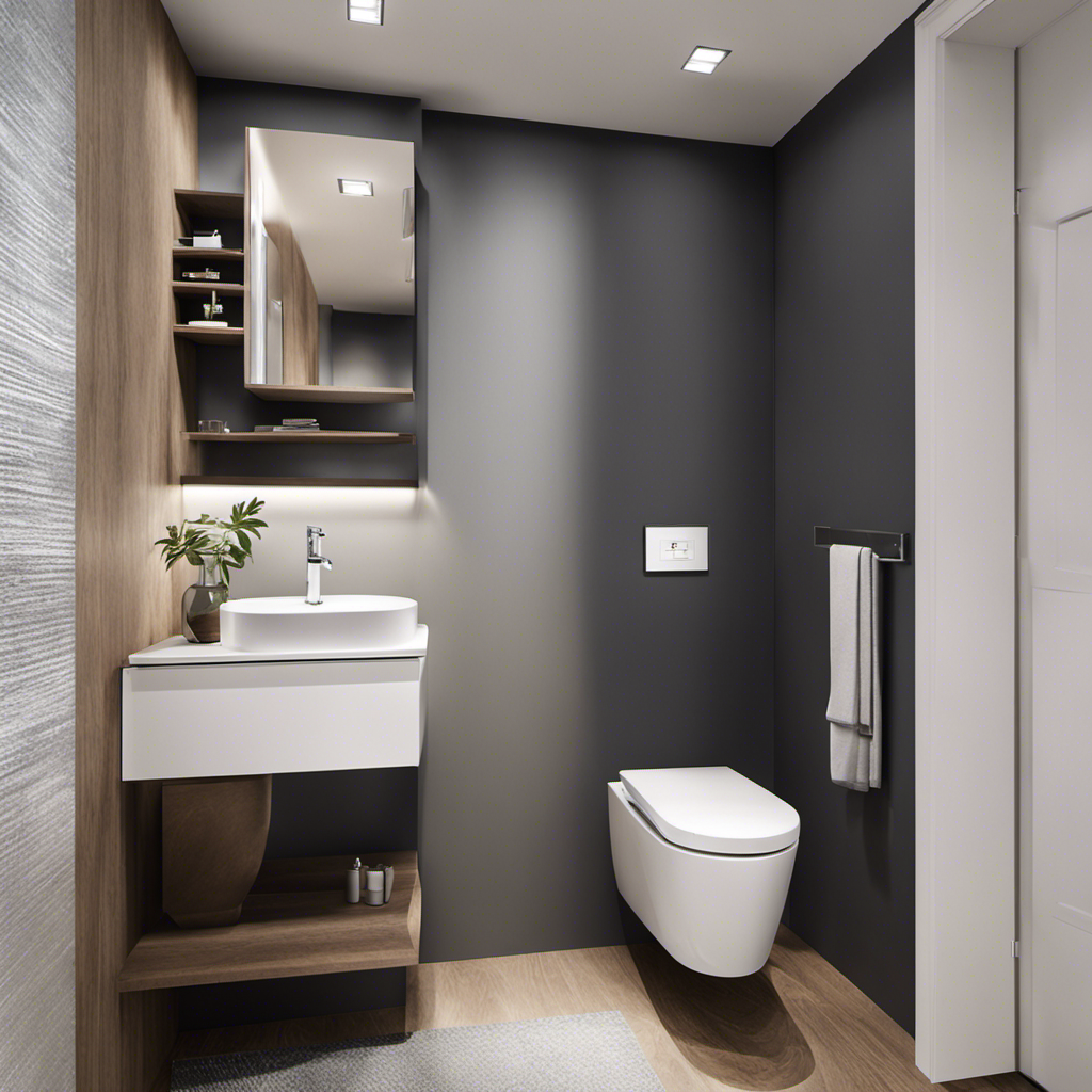 An image that showcases a narrow bathroom with minimal floor space, featuring a sleek, wall-mounted toilet