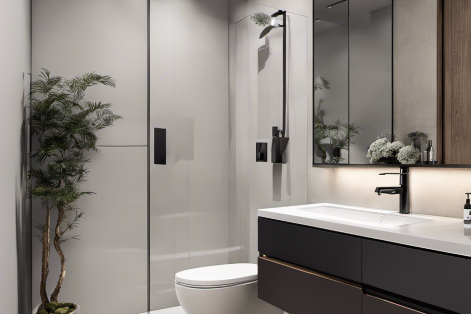 An image showcasing a sleek, compact bathroom with a low-profile toilet ingeniously tucked against the wall, maximizing space