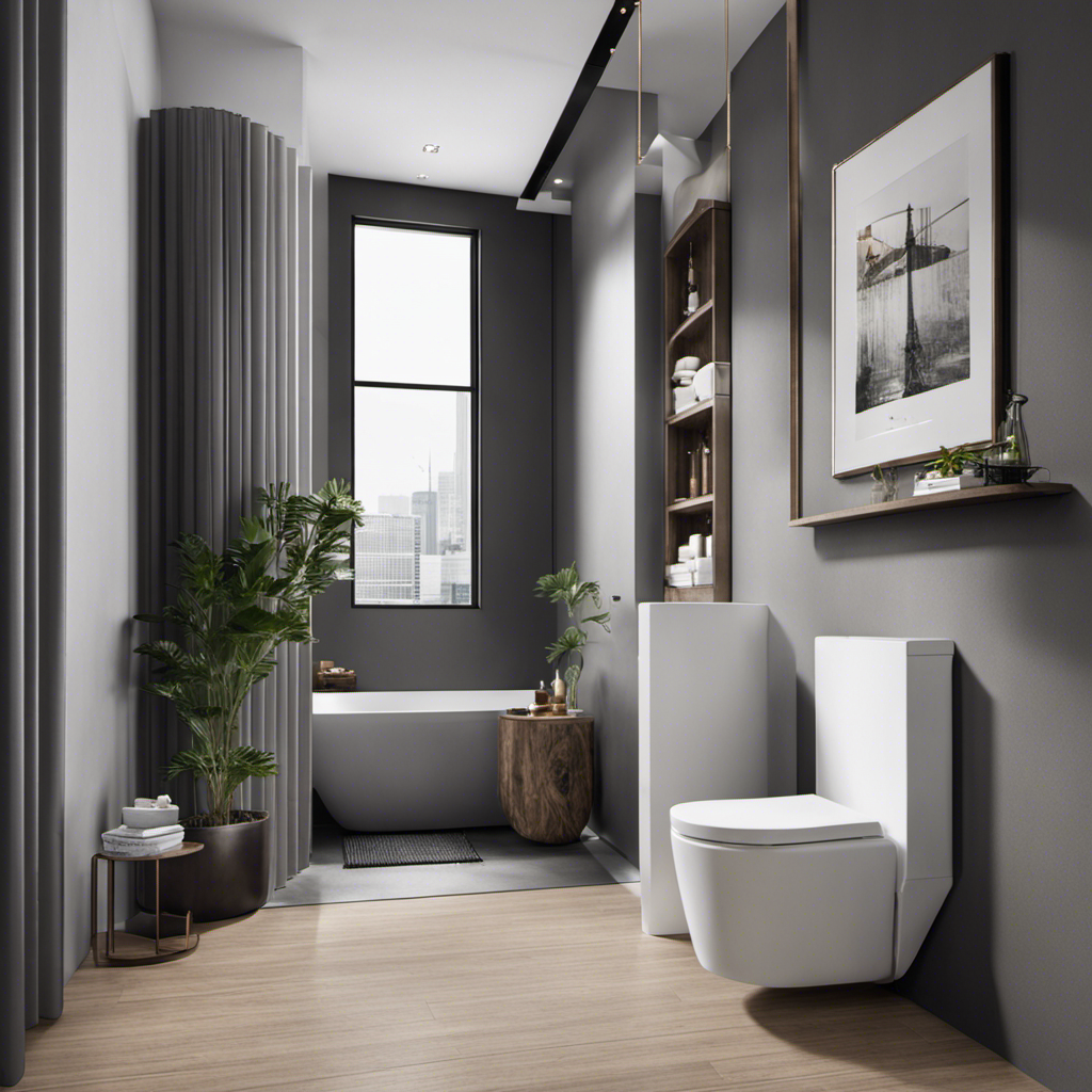 An image showcasing a stylish, compact toilet nestled into a sleek bathroom corner