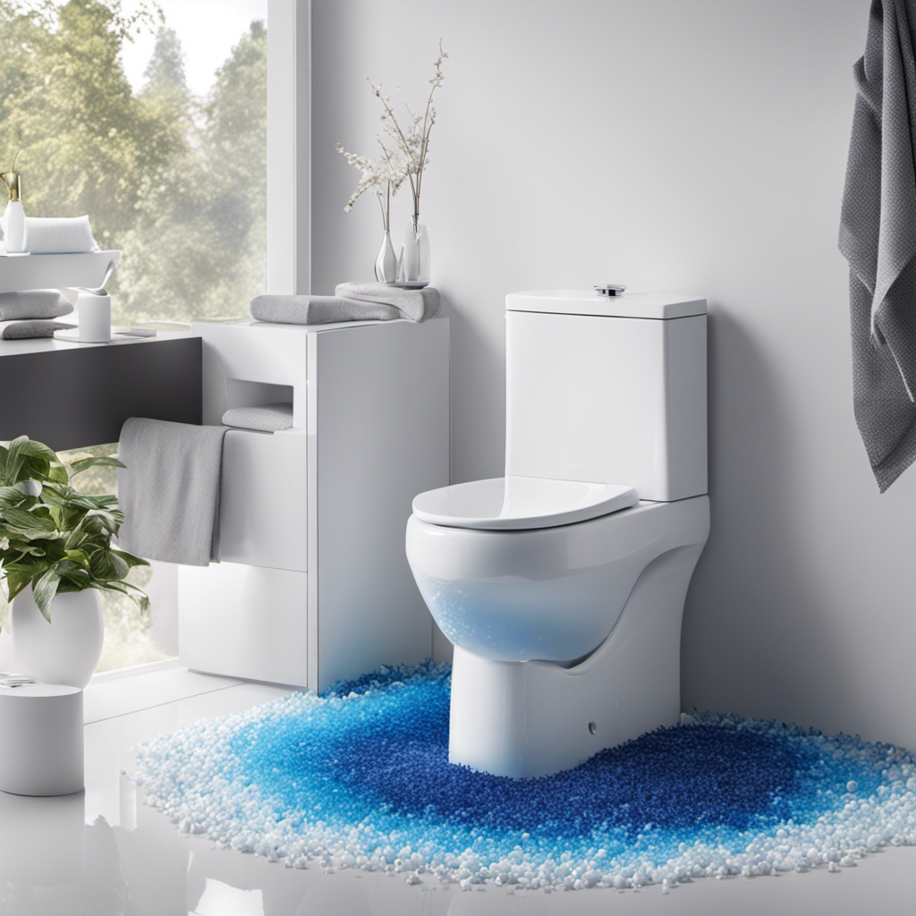 An image showcasing a sparkling white toilet bowl with a splash of vibrant blue foam emanating from Splash Foam Toilet Cleaner