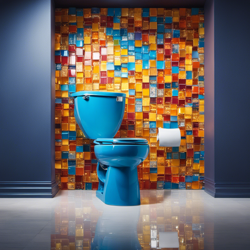 An image showcasing a vibrant, sparkling blue toilet bowl, reflecting a pristine bathroom setting