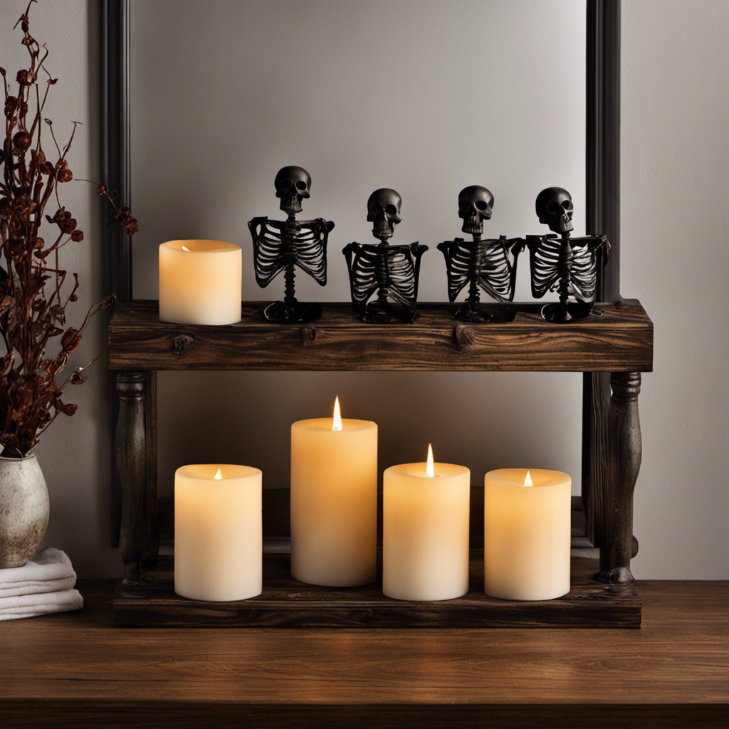 An eerie bathroom scene where dim candlelight flickers, casting eerie shadows on a rustic wooden shelf adorned with macabre skeleton-inspired toilet paper holders, adding a haunting touch to the ambiance