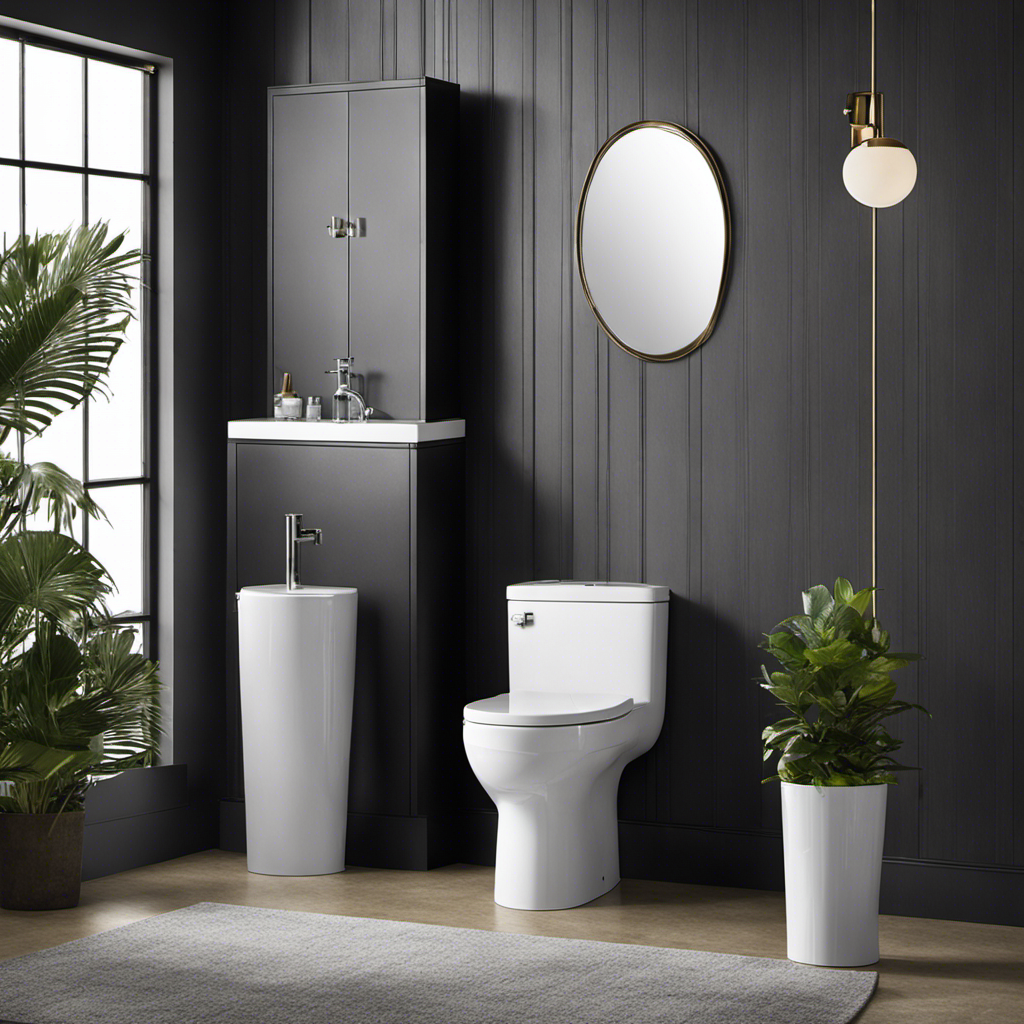 An image depicting a modern bathroom setting, showcasing the sleek and sophisticated Swiss Madison St Tropez toilet and the innovative features of the WoodBridge toilet, emphasizing their stylish design and efficient functionality