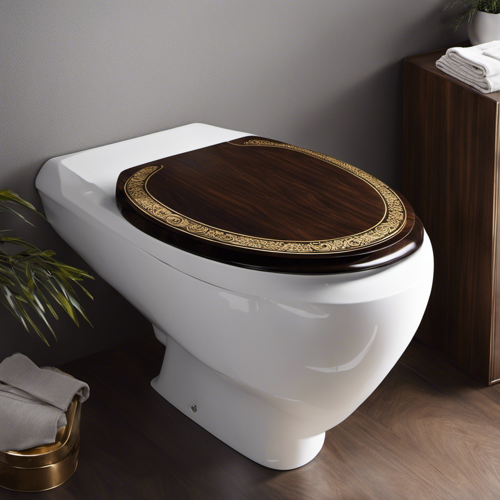 An image showcasing a sleek, dark wood toilet seat adorned with intricate engravings, complemented by opulent gold accents that exude luxury