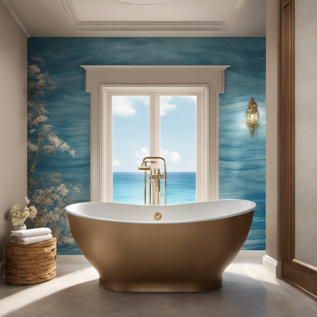 An image featuring a luxurious tan bathtub against a backdrop of walls painted in serene oceanic blue, complemented with hints of seashell white and soft sandy beige, exuding a tranquil spa-like ambiance