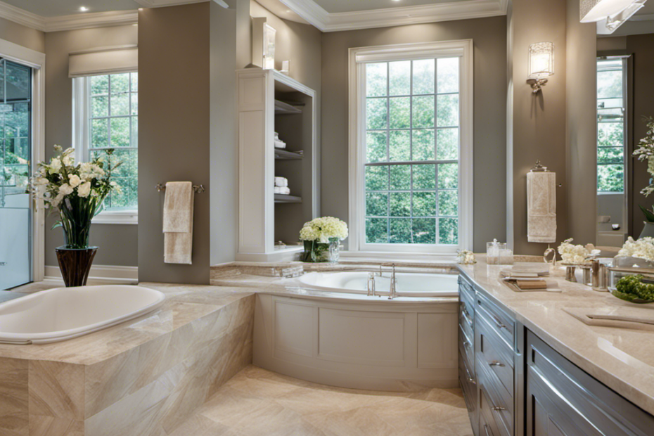 An image showcasing a spacious, modern bathroom with dual sinks, a luxurious bathtub, and sleek fixtures