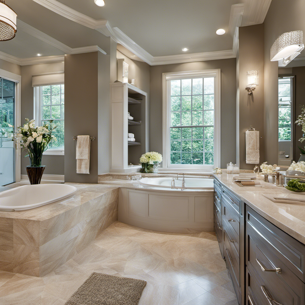 An image showcasing a spacious, modern bathroom with dual sinks, a luxurious bathtub, and sleek fixtures