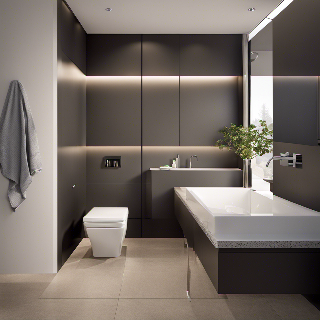 An image showcasing a modern bathroom with a low-height toilet