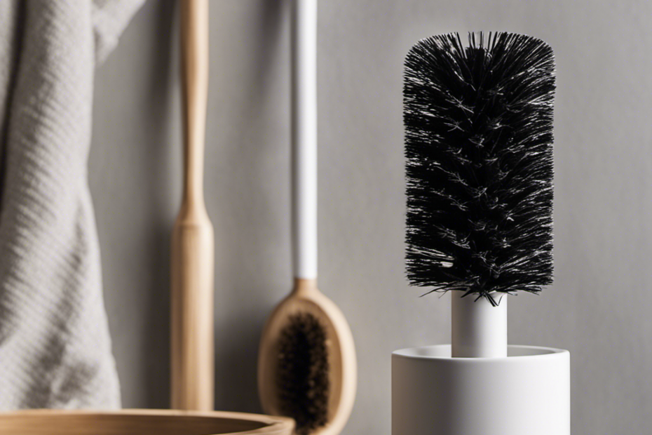 An image showcasing a sleek, ergonomic toilet brush with biodegradable bristles, nestled in a minimalist bathroom