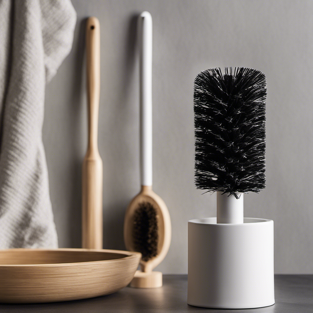 An image showcasing a sleek, ergonomic toilet brush with biodegradable bristles, nestled in a minimalist bathroom