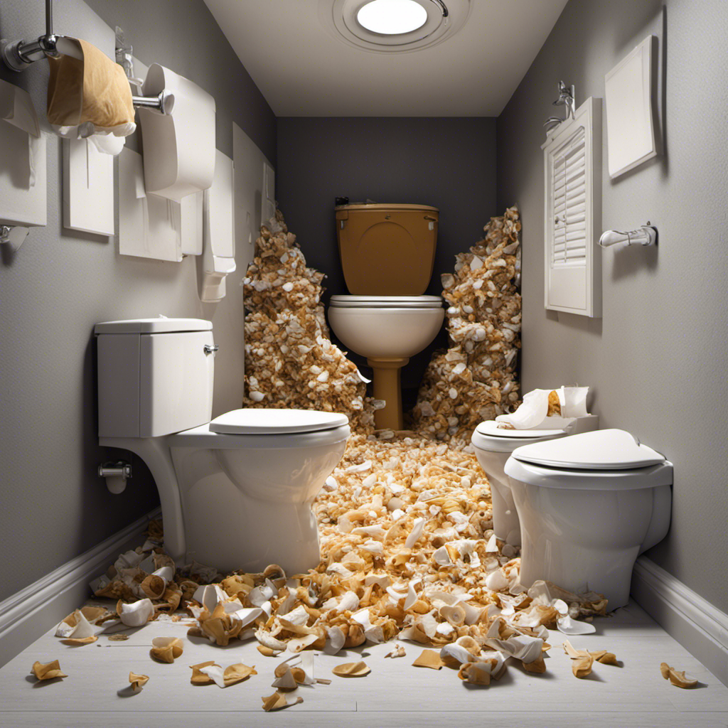 An image depicting a clogged toilet overflowing with tissues, causing water damage to the surrounding floor and walls